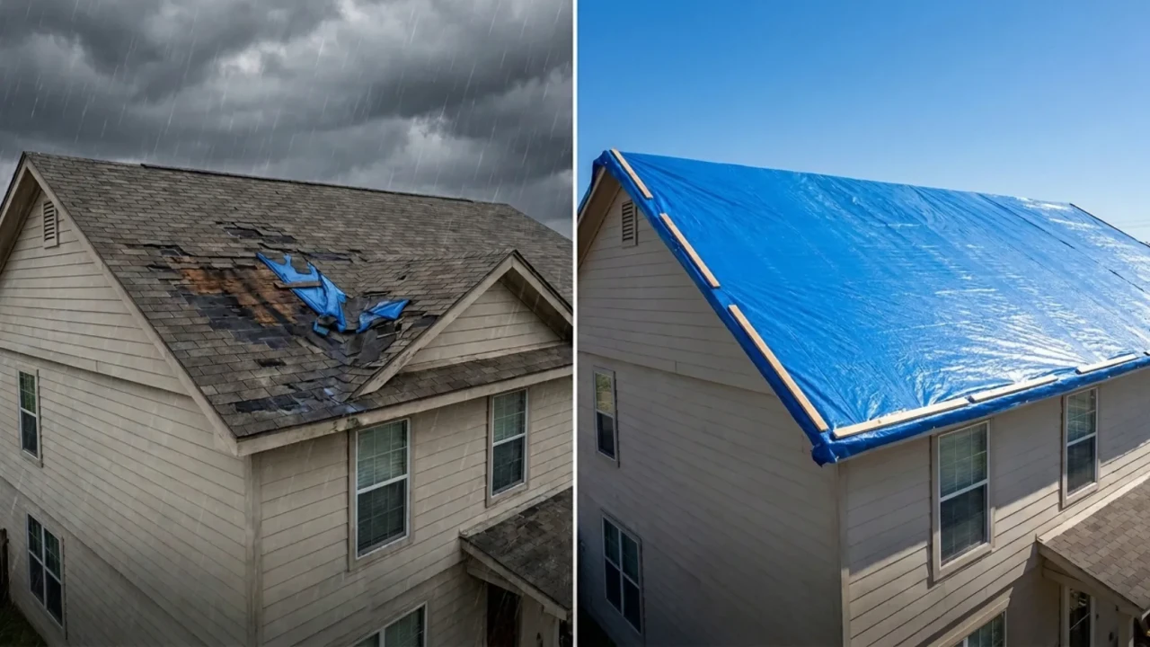 Before and after emergency tarp installation protecting a San Antonio home from ongoing water damage