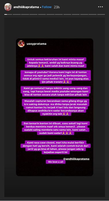Instagram Story Ussy yang direpost Andhika Pratama