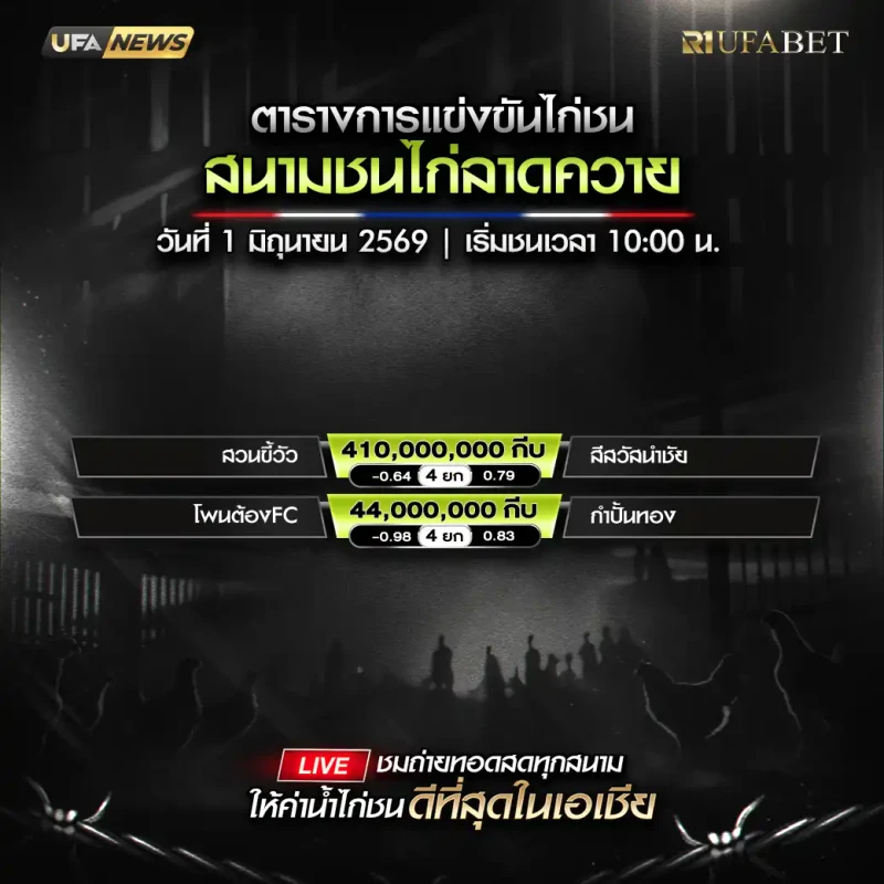 โปรแกรมไก่ชน สนามชนไก่ลาดควาย สปป.ลาว วันจันทร์ที่ 1 มิถุนายน 2569