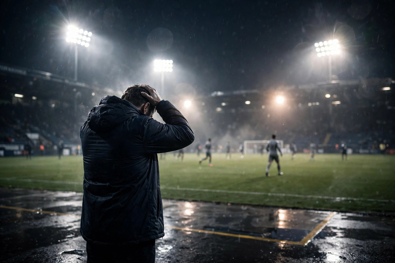Football manager under floodlights with head in hands on the touchline