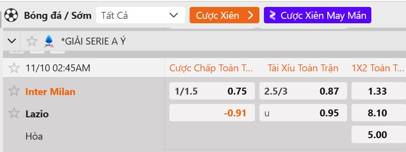 Tỷ lệ kèo Inter Milan vs Lazio