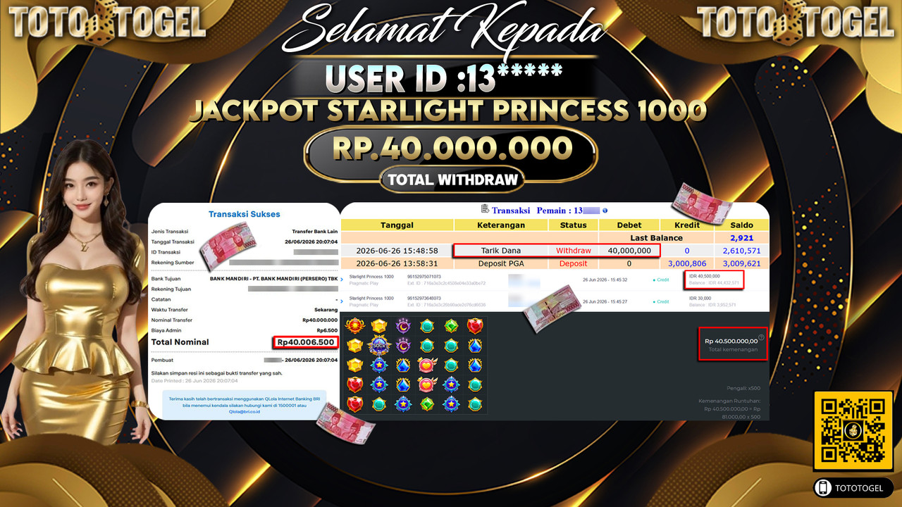 Bukti Pembayaran Jackpot Permainan Slot Starlight Princess 1000 ID:13*****LUNAS