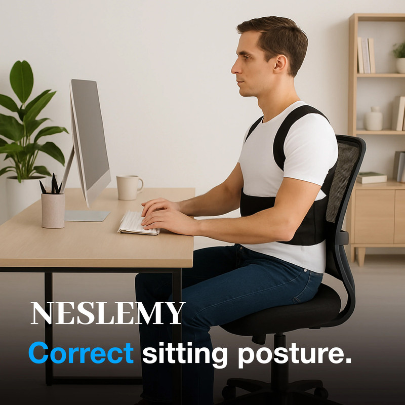 Person wearing Smart Posture Corrector at a modern desk