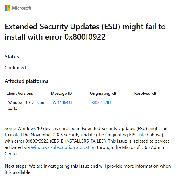 Windows 10 KB5068781 Error 0x800f0922