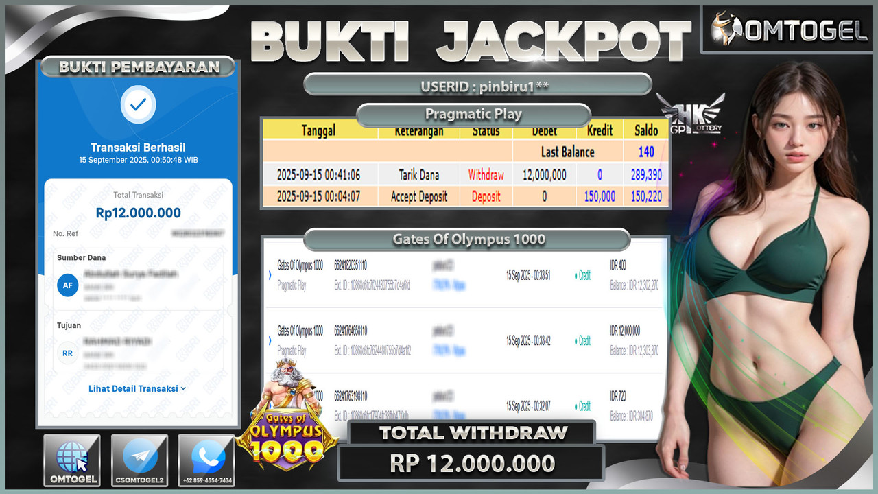 OMTOGEL JACKPOT PRAGMATIC PLAY GATES OF OLYMPUS 1000 12 JUTA DI BAYAR LUNAS ,-