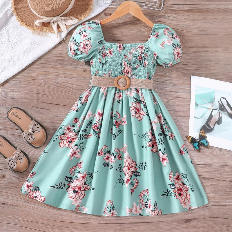 Flower Gown Elegant Floral Fit Dress for Girls with Belt