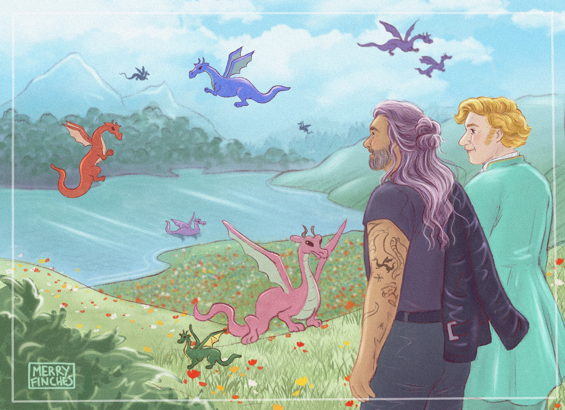Ed and Stede are standing side by side looking out over a grassy hillside which slopes down to a blue lake. There are dragons of all shapes and sizes, some flying, some swimming and others standing on the grass.