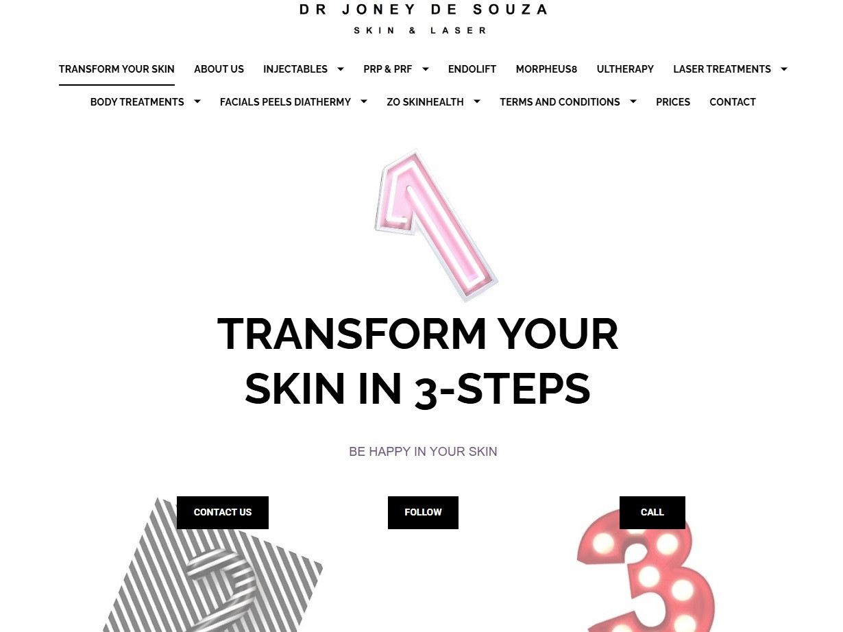 Dr Joney De Souza clinic homepage promoting advanced laser and injectable care.