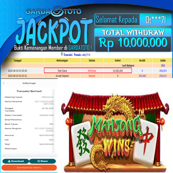 JACKPOT DI PERMAINAN  SLOT PG SOFT MAHJONG WINS  WD Rp 10.000.000,- DIBAYAR LUNAS GARDATOTO MANTAP !