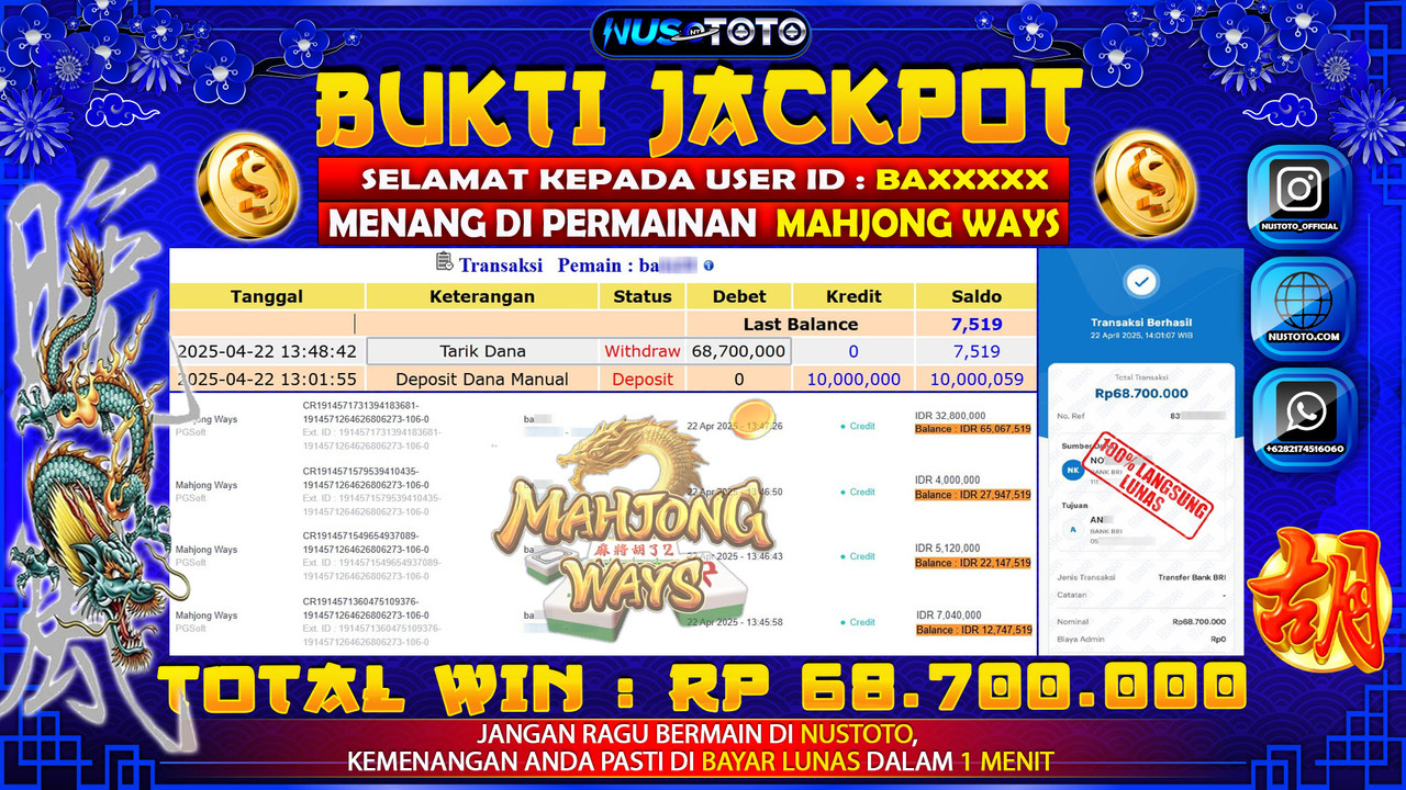 JACKPOT !! MENANG BESAR DI SLOT MAHJONG WAYS Rp. 68.700.000 LANGSUNG DI BAYAR LUNAS NUSTOTO !!