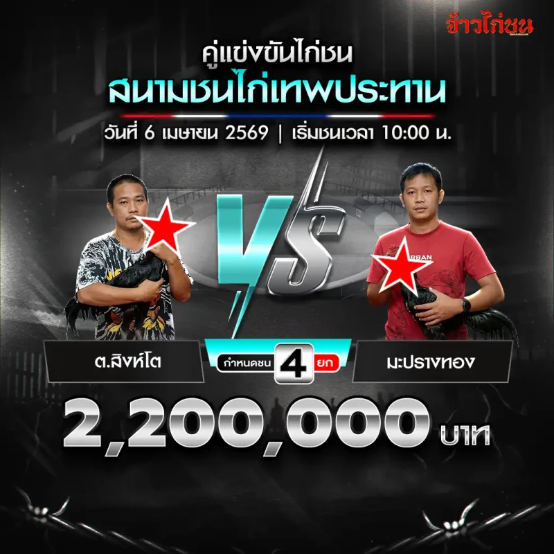 ต.สิงห์โต vs มะปรางทอง โปรแกรมไก่ชน สนามชนไก่เทพประทาน วันที่ 6 เมษายน 2569