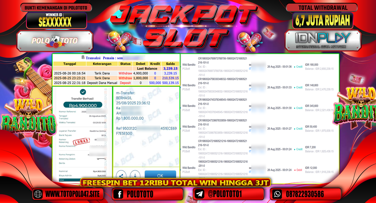 POLOTOTO JACKPOT SLOT WILD BANDITO Rp.6.700.000,-