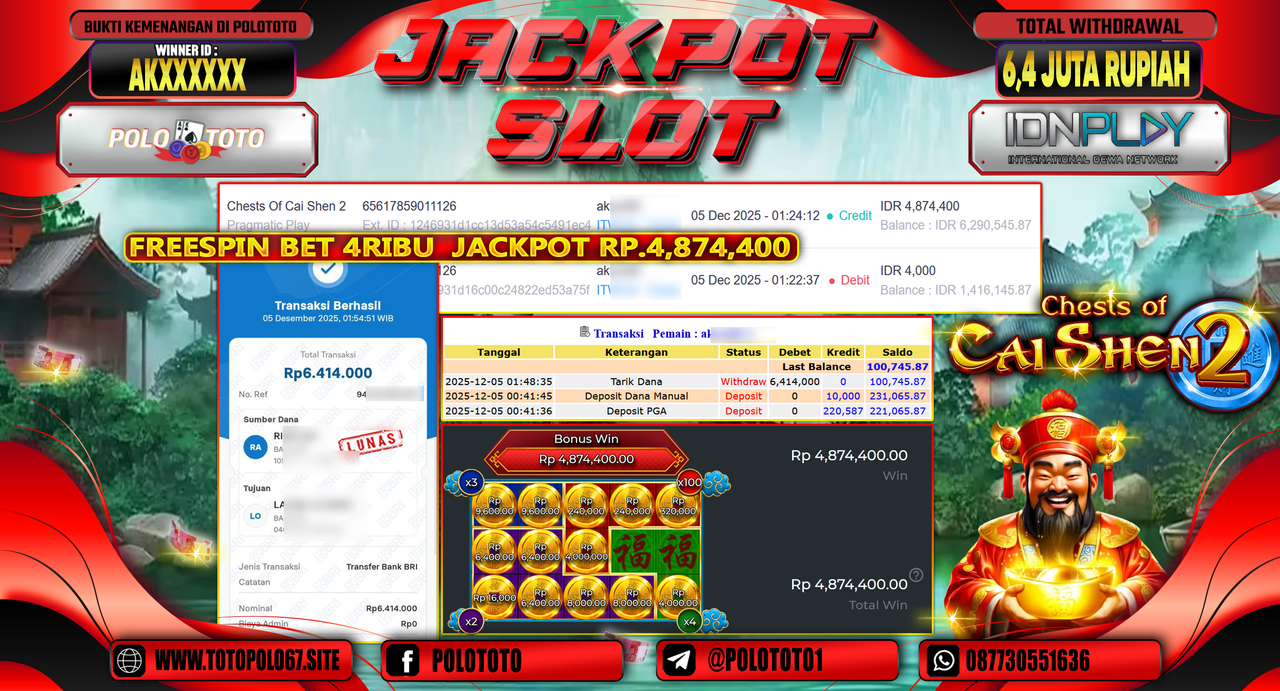 POLOTOTO JACKPOT SLOT CHESTS OF CAI SHEN 2 Rp.6.400.000,- LUNAS