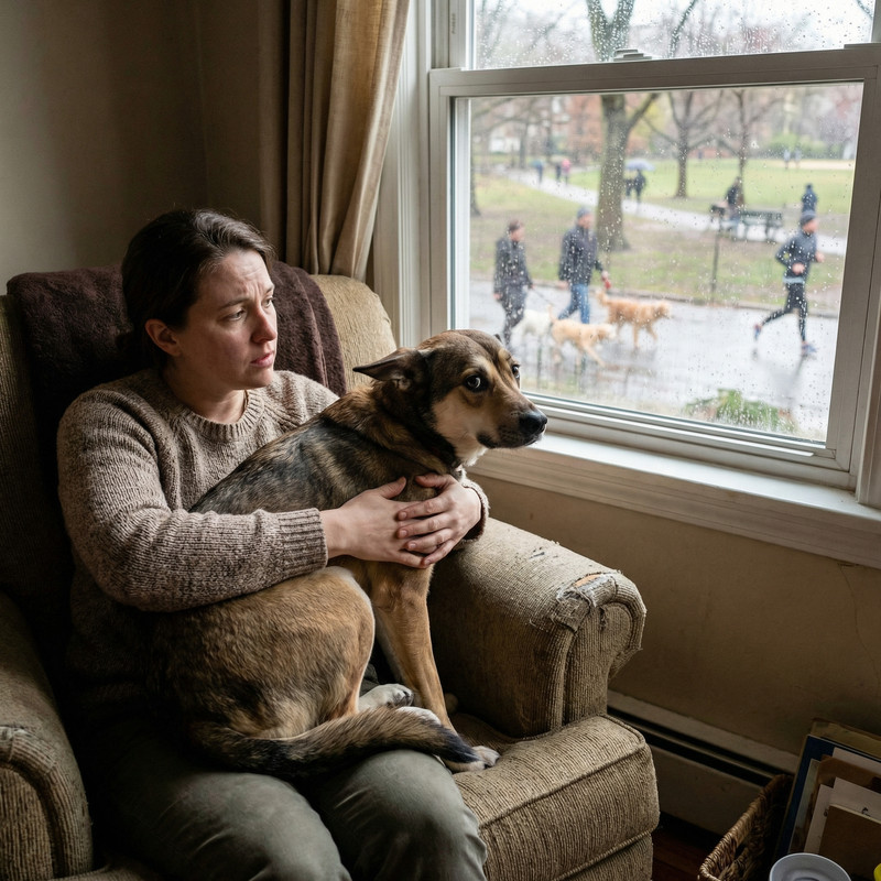 Owner sitting alone with anxious dog indoors