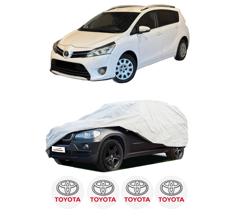 Husa tip prelata auto pentru TOYOTA VERSO (_R2_) din 2009-2018, Culoare Gri, material textil impermeabil, rezistanta la intemperii praf UV, CARPASSION Husa Protectie, 4 Stickere auto cu TOYOTA