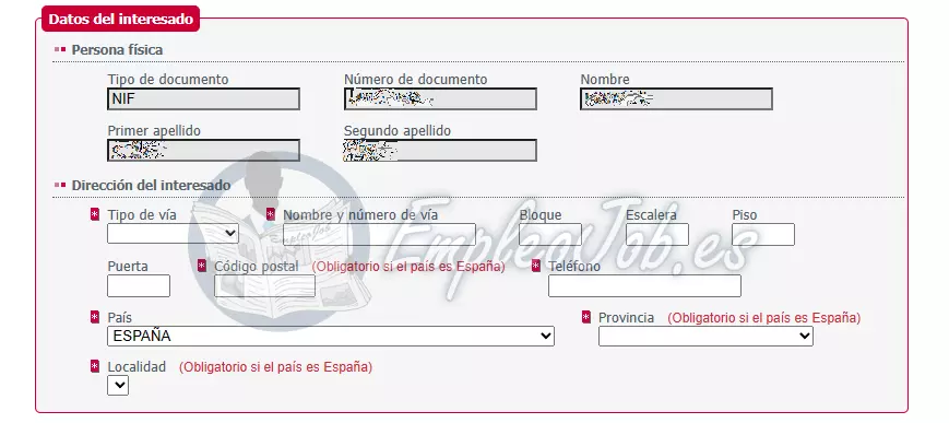 Primera parte del formulario para inscribirse en la Bolsa de interinos del SEPE 2023