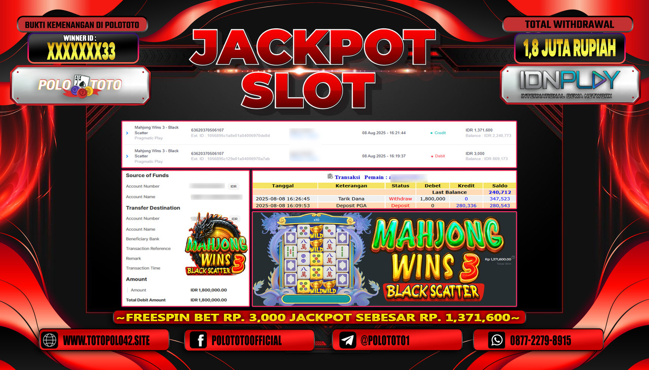 POLOTOTO JACKPOT SLOT MAHJONG WINS 3 - BLACK SCATTER Rp.1.800.000,-LUNAS