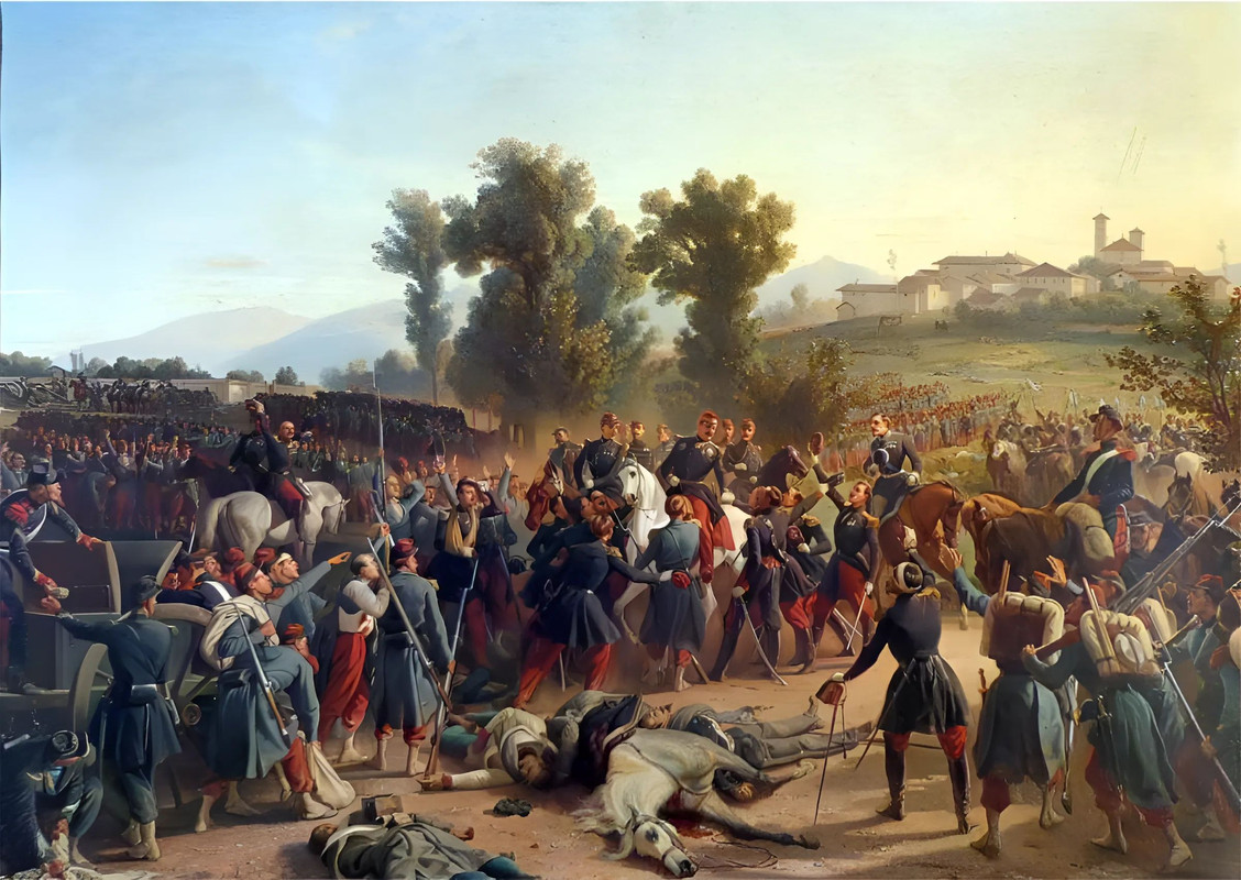 Franco austriaca Montebello el general Forey acalamado pol las tropas de su division despues de la b