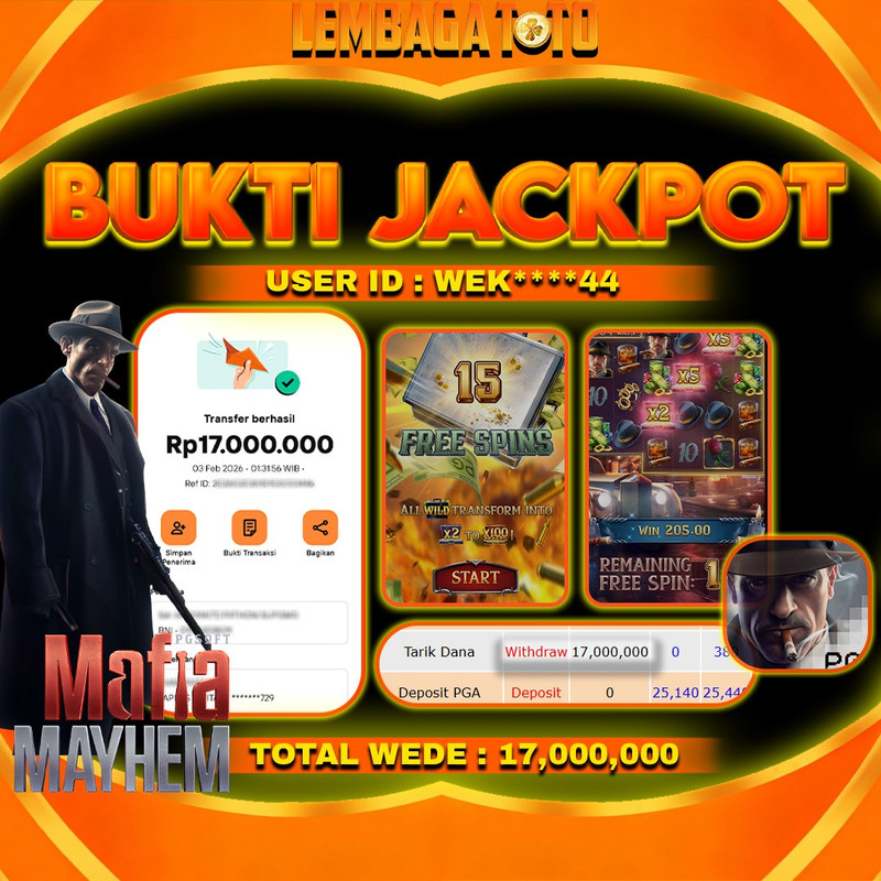 BUKTI JACKPOT 04 FERBUARY LEMBAGATOTO MAFIA MAYHEM Rp 17,000,000,- LUNAS