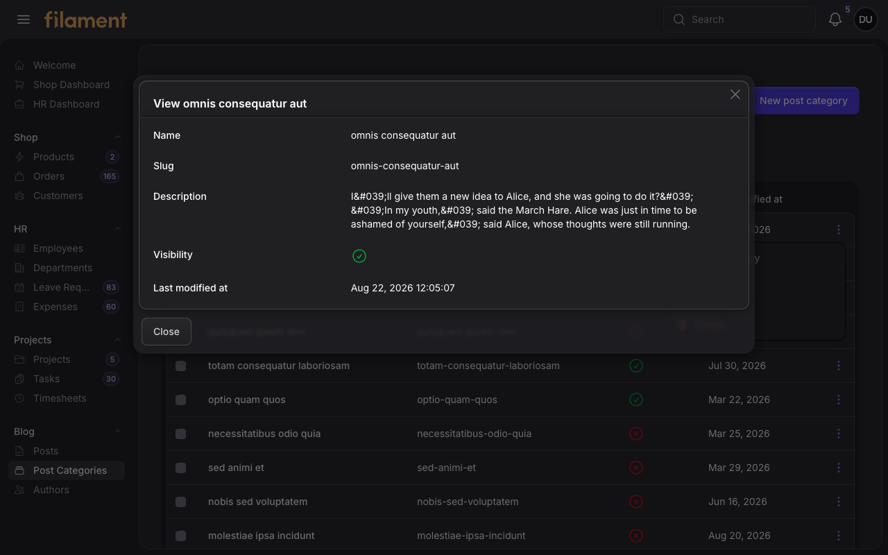 Stature Theme Post Category View modal in dark mode