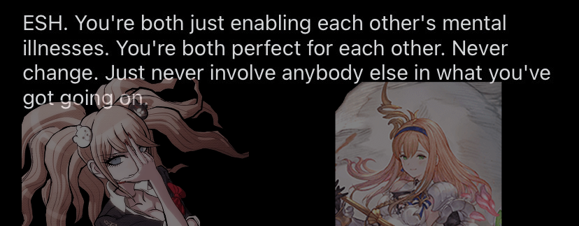 Junko Enoshima from Danganronpa & Enyo from Granblue Fantasy layered over text that reads 'ESH. You're both just enabling each other's mental illnesses. You're both perfect for each other. Never change. Just never involve anybody else if what you've got going on.