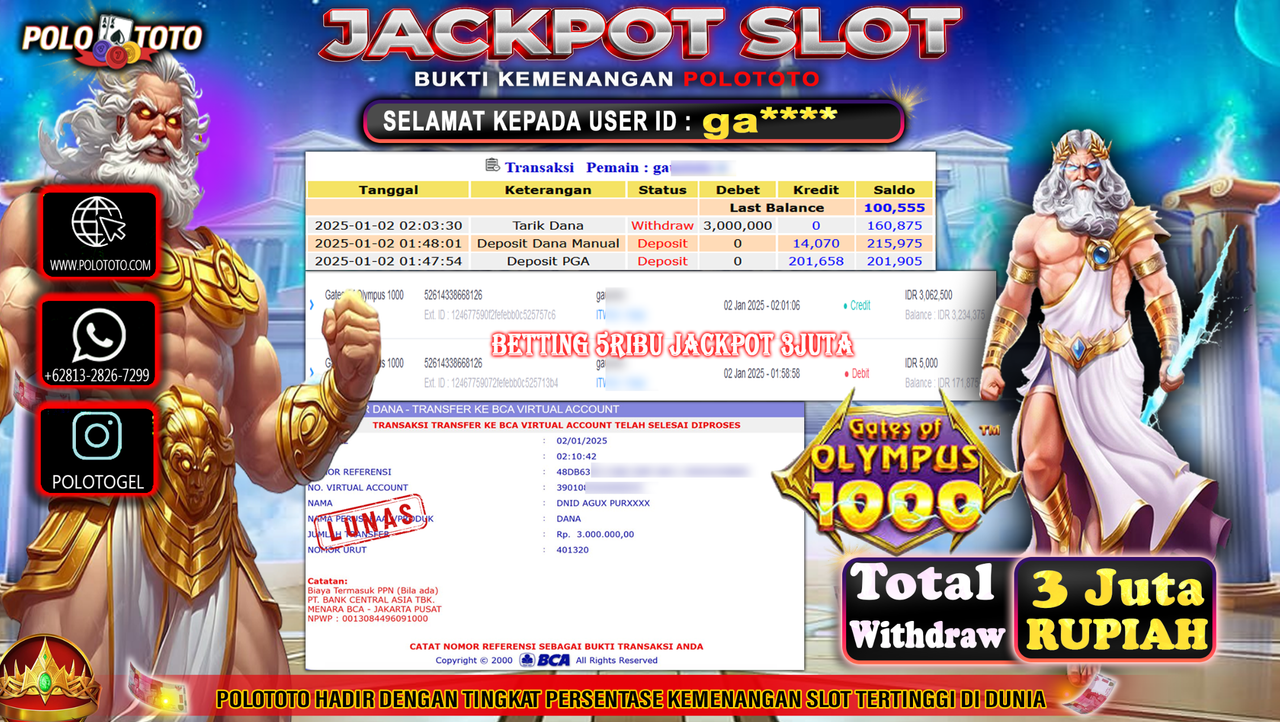 POLOTOTO JACKPOT SLOT GATES OF OLYMPUS 1000 Rp.3,000.000,-