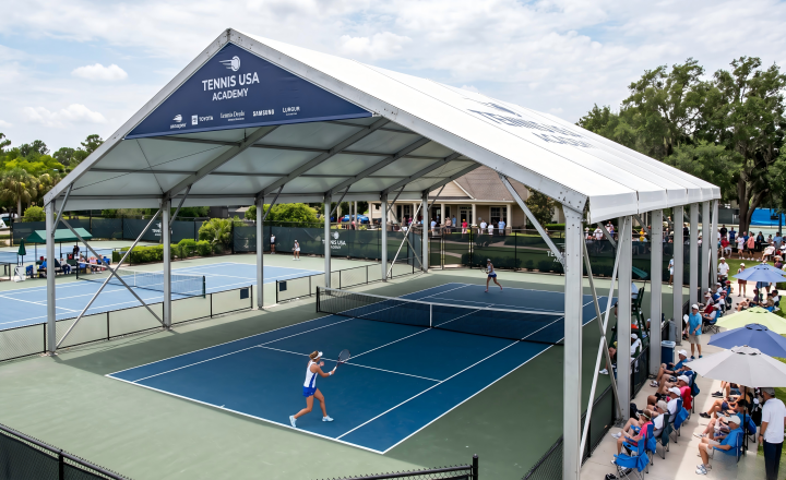 Tennis court tent with roll-up sidewalls open for semi-outdoor training on weekdays