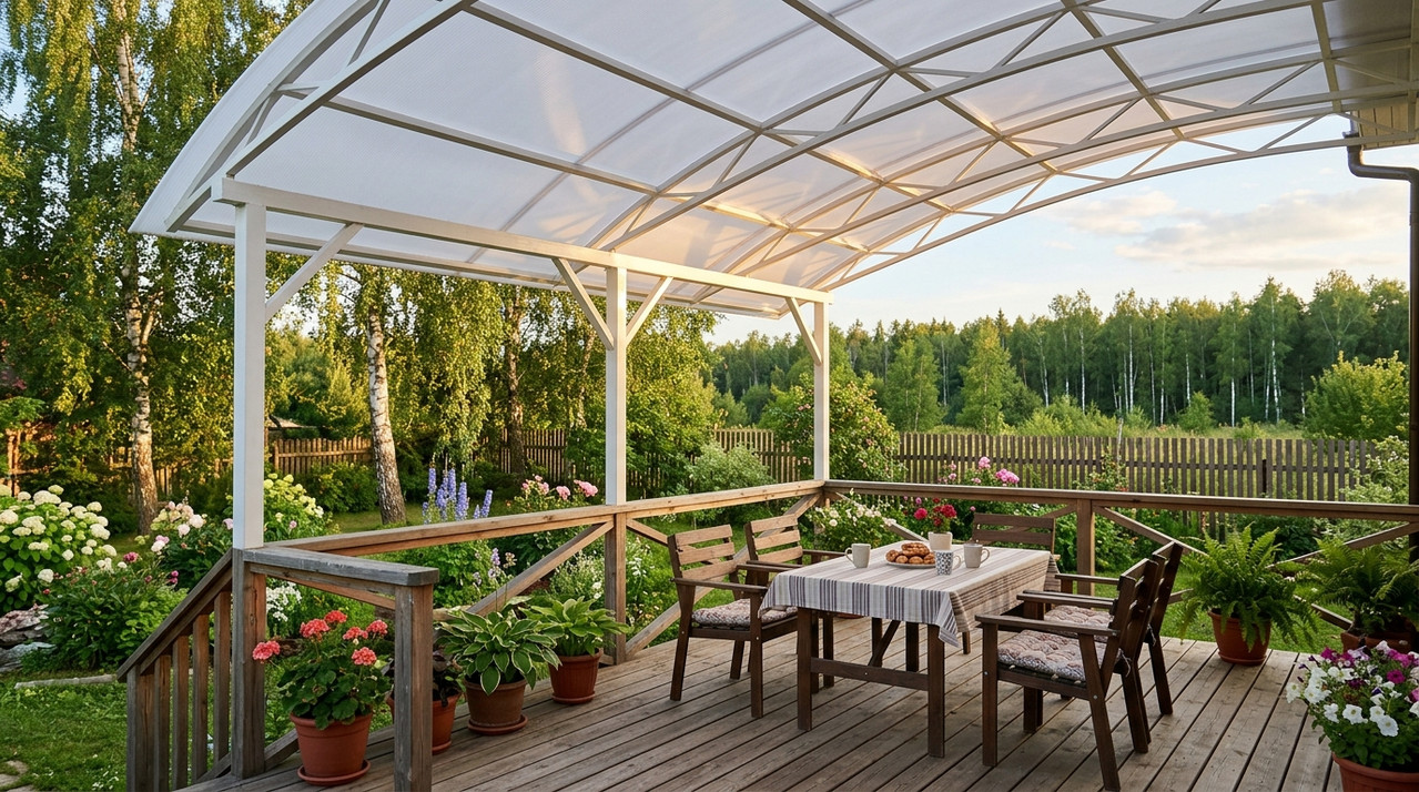 Поликарбонатный навес над террасой в белом исполнении на дачном участке в России