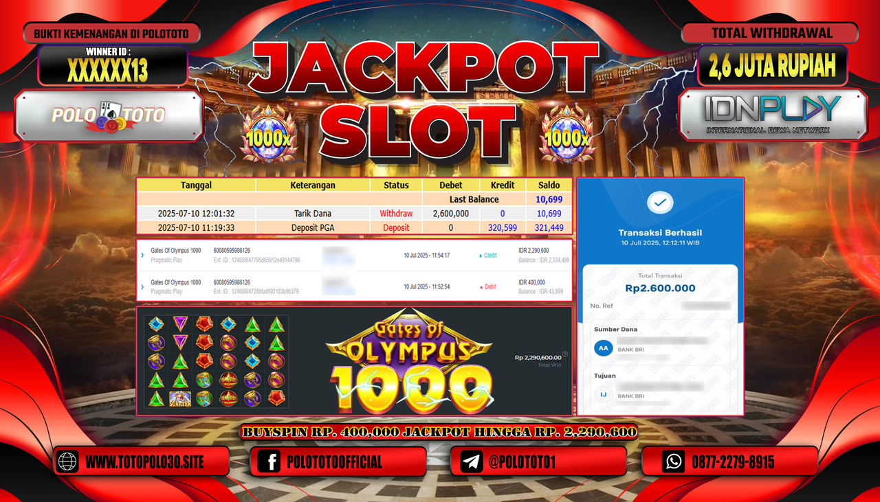 POLOTOTO JACKPOT SLOT GATES OF OLYMPUS 1000 Rp.2.600.000,- LUNAS