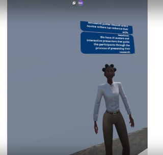 VRComm interface showing a 3D character with dialogue system