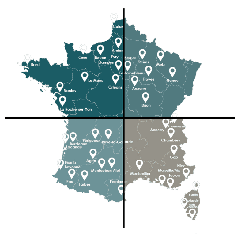 Carte de France avec zones géographiques délimitées