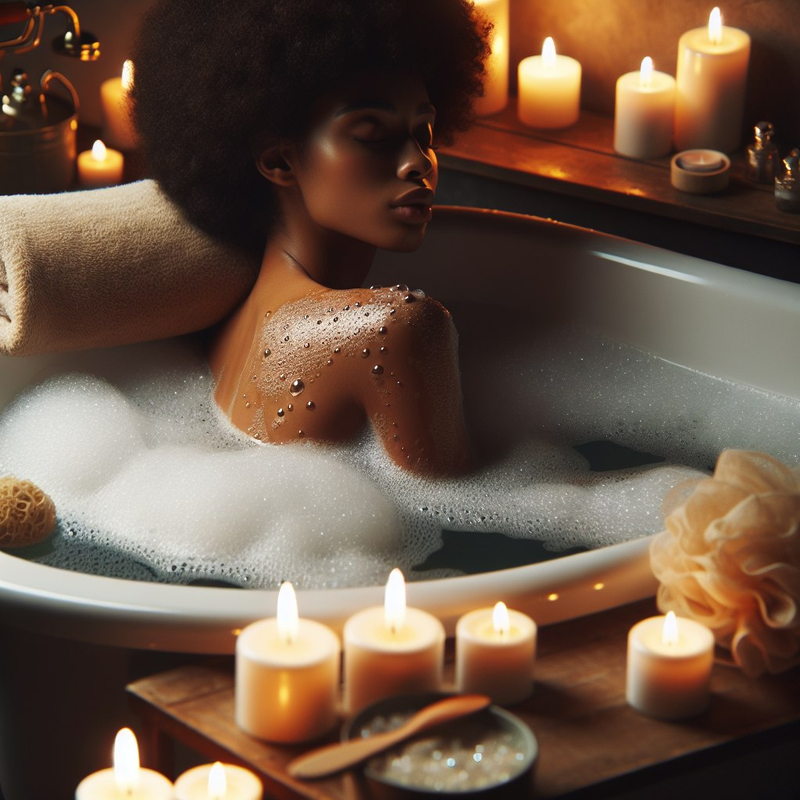 A relaxing bubble bath with candles and soft lighting