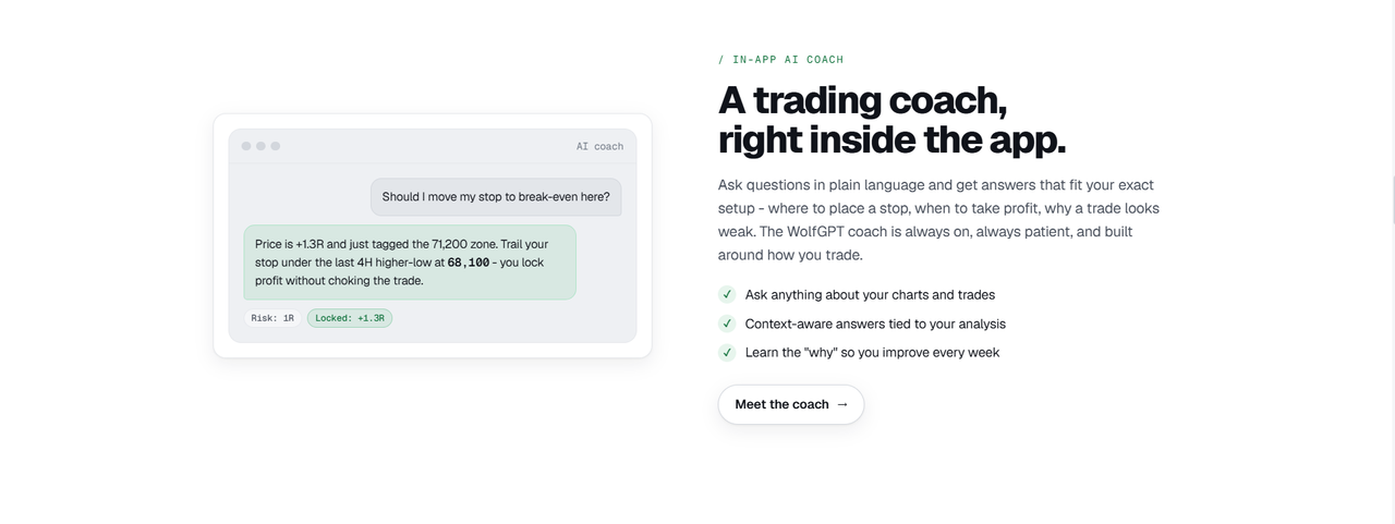 WolfGPT in-app AI coach answering a question about trailing a stop to break-even