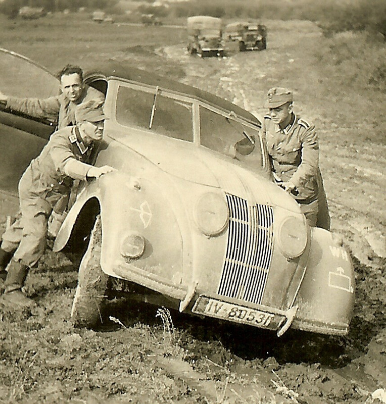 Wehrmacht Troops Struggle to Push 2.5 Liter (Type 10) Pkw Car in Field