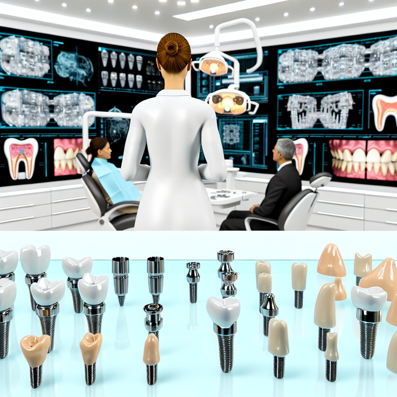Пациент на консультации у стоматолога, макеты имплантов, современные технологии на заднем плане, забота и комфорт.