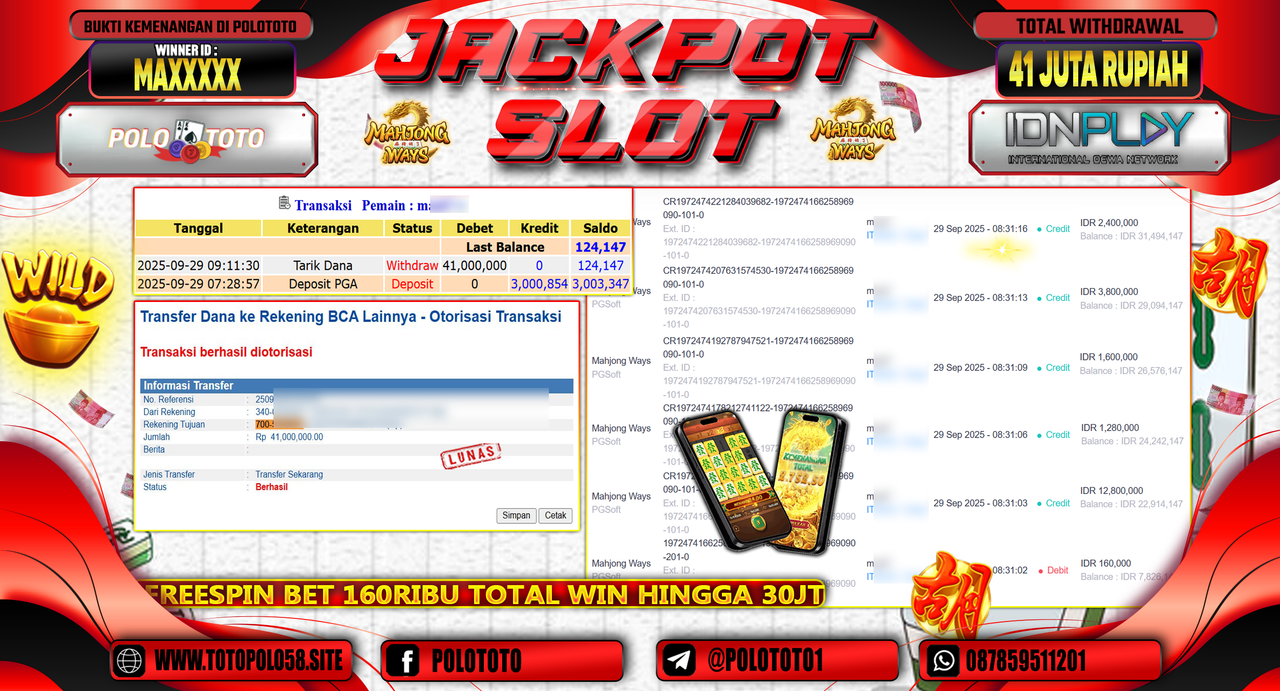 POLOTOTO JACKPOT SLOT MAHJONG WAYS Rp.41.000.000,- LUNAS