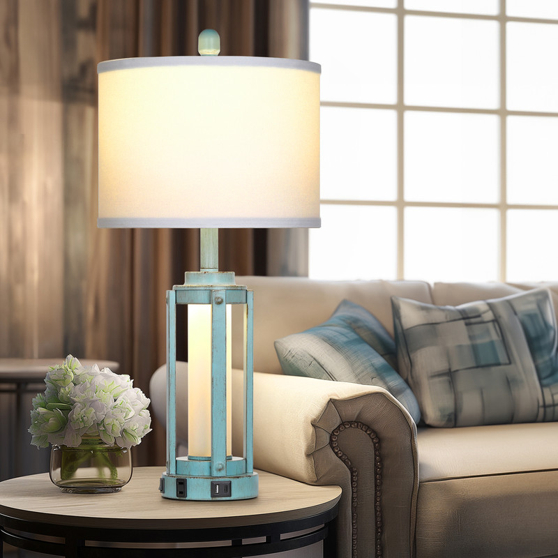 26 Farmhouse Blue and White Table Lamp with USB Type C Charging Ports AC Outlet and Night Light(