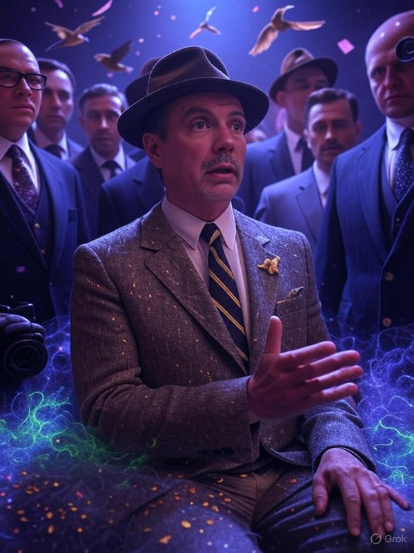 George 'Machine Gun' Kelly pleading in a 2025 cosmic Kraken therapy with all characters including Bugsy Siegel and Joey Bananas, kestrels flying