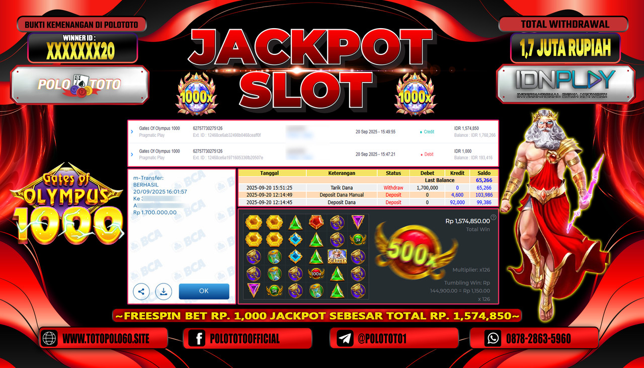 POLOTOTO JACKPOT SLOT GATES OF OLYMPUS 1000 Rp.1.700.000,- LUNAS