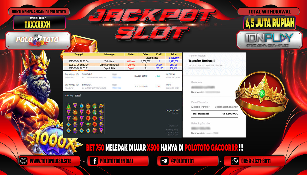 POLOTOTO JACKPOT SLOT GATES OF OLYMPUS 1000 Rp.6.500.000,-LUNAS
