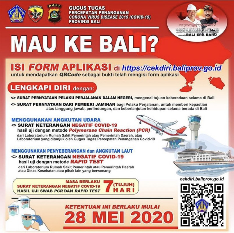 Pemprov Bali rilis syarat yang harus dipenuhi penumpang yang ingin datang ke Bali. Aturan tersebut mulai berlaku 28 Mei 2020.