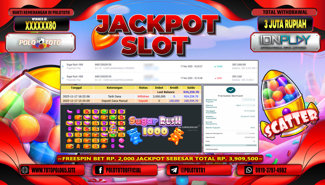 POLOTOTO JACKPOT SLOT SUGAR RUSH 1000 Rp.3.000.000,- LUNAS