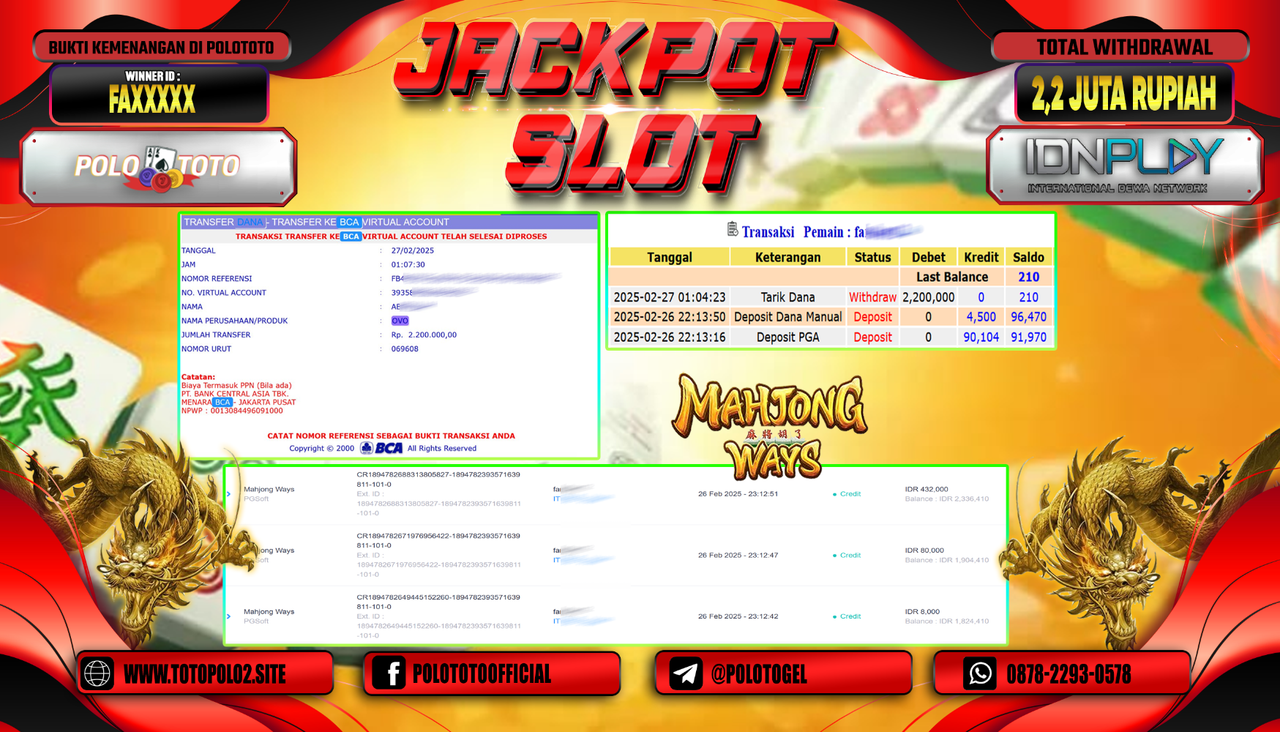 POLOTOTO JACKPOT SLOT MAHJONG WAYS Rp.2.200.000,-