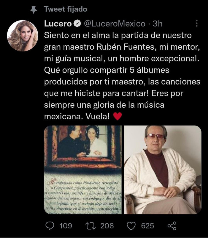 Lucero, devastada por la muerte del compositor Rubén Fuentes