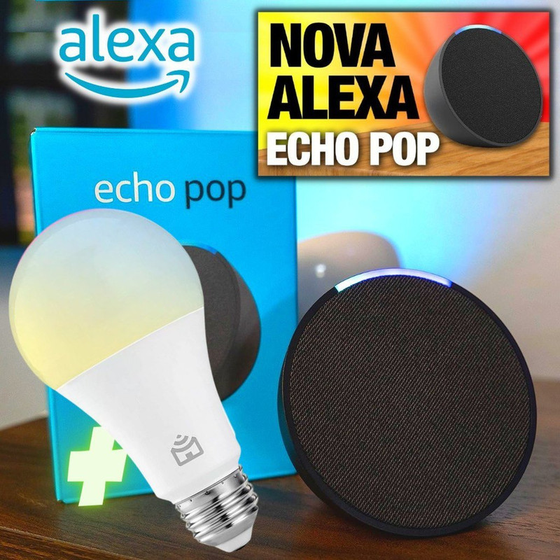 Echo Pop | Smart speaker compacto com som envolvente e Alexa | Cor Preta + Lâmpada Positivo 9W