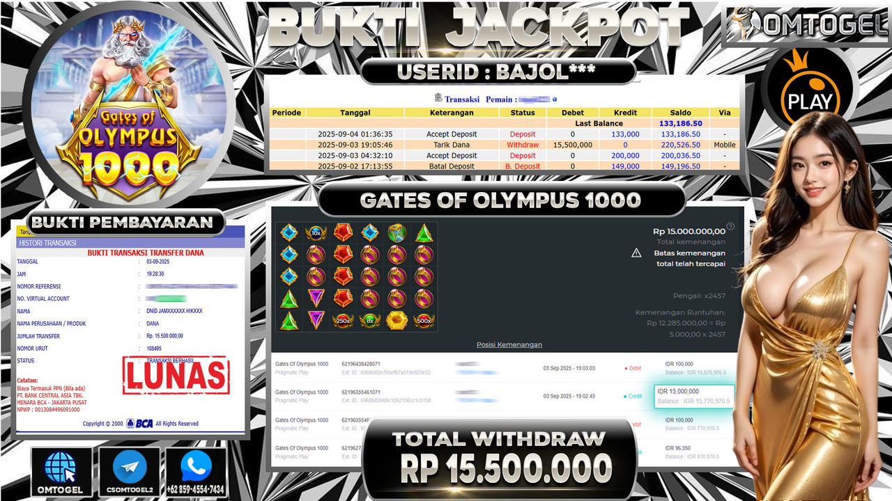 OMTOGEL JACKPOT PRAGMATIC PLAY GATES OF OLYMPUS 1000 15 JUTA DI BAYAR LUNAS ,-