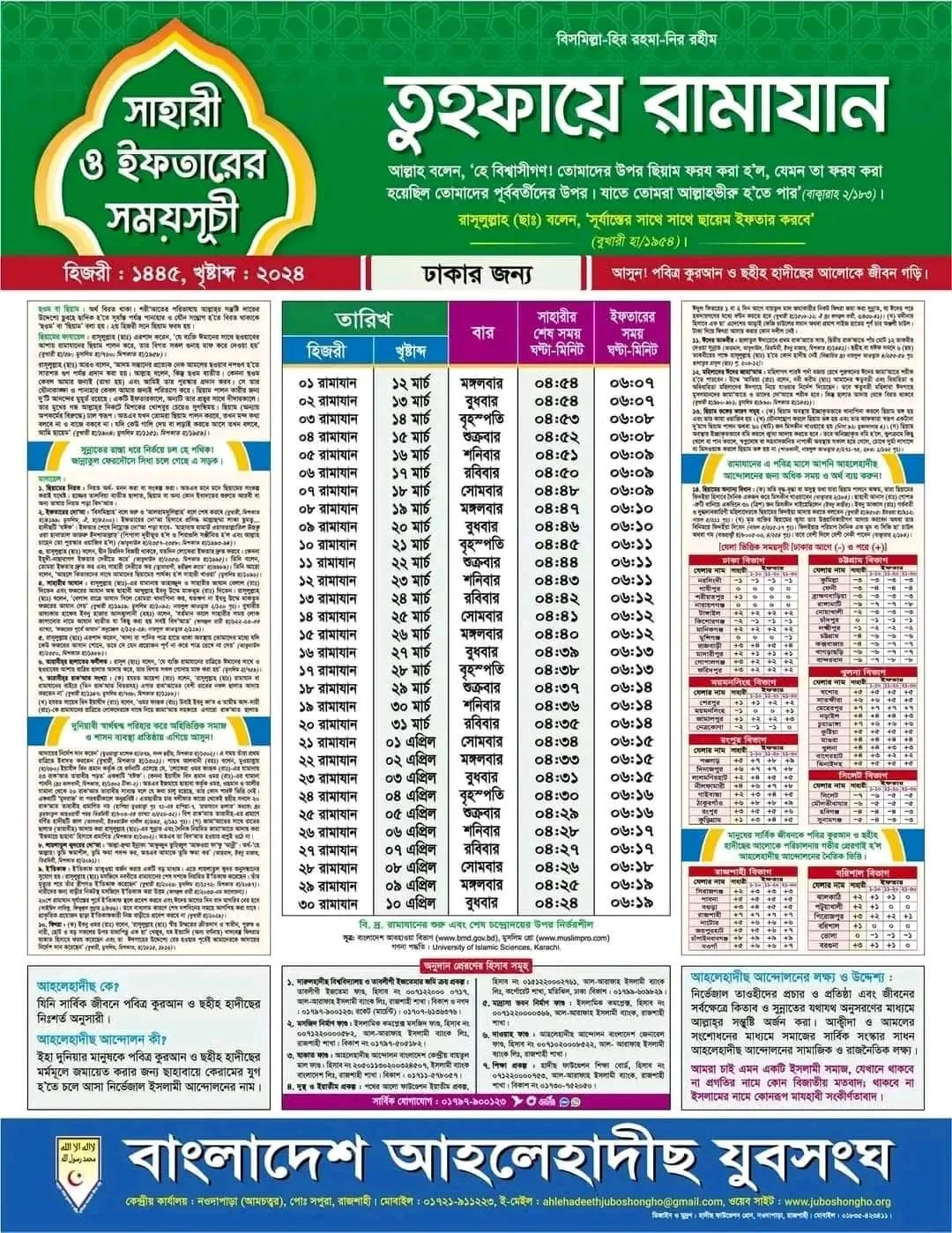 সেহরি ও ইফতারের সময়সূচি ২০২৪ ঢাকা