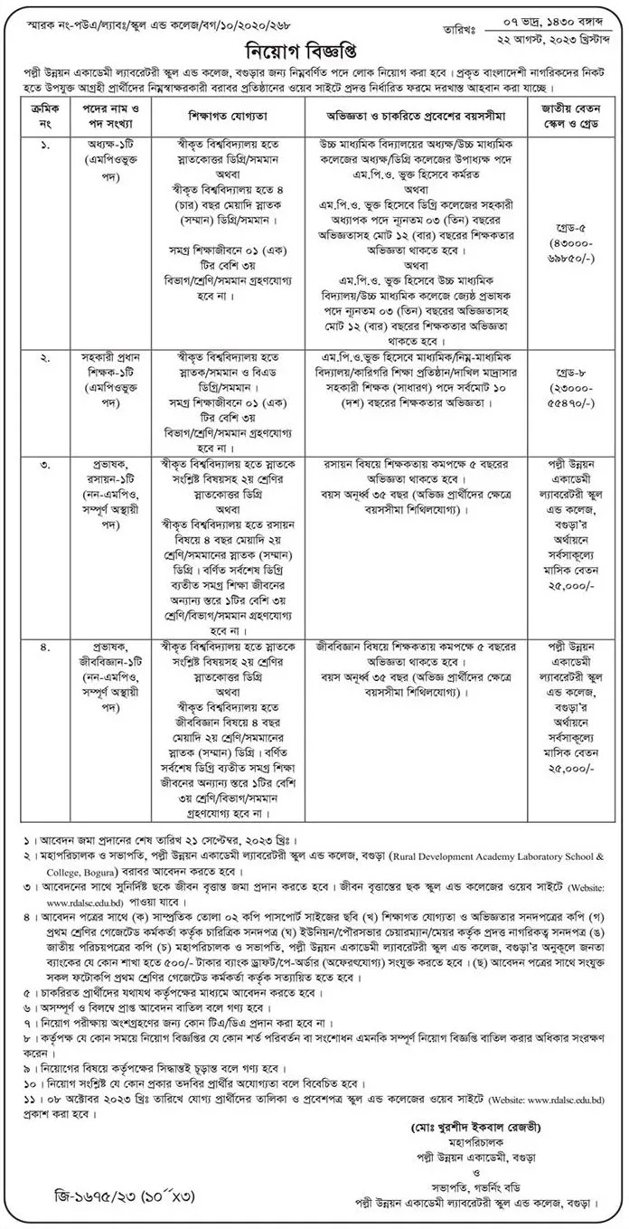 Palli Unnayan Academy Laboratory School and College Job Circular 2024