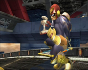 R.O.B. facing a posing giant Captain Falcon