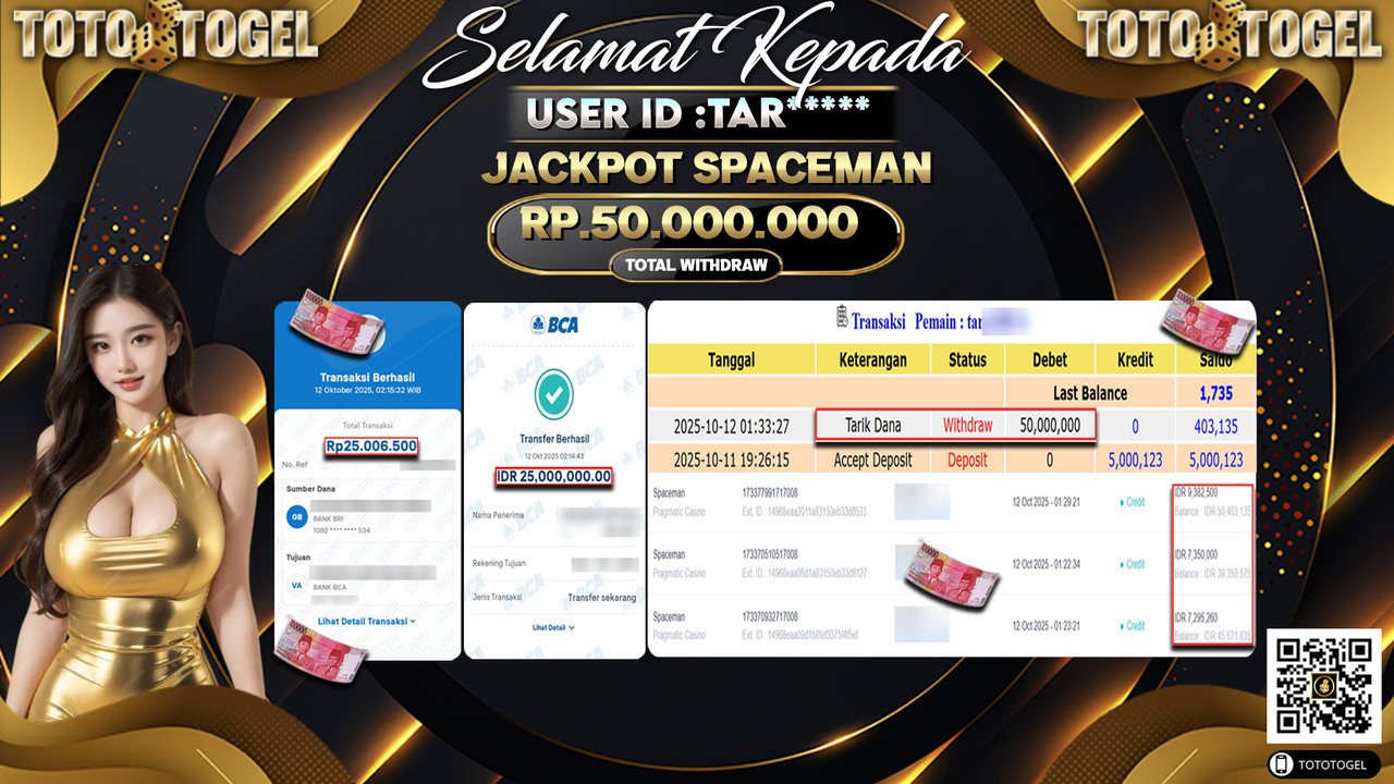 Bukti Pembayaran Jackpot Permainan Pragmatic Casino ID:TAR**** LUNAS
